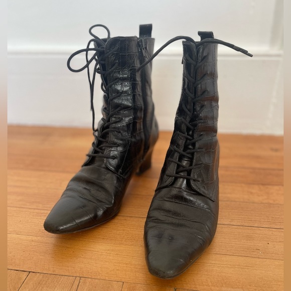 Miista Zelie Black Croc Leather Lace-up Boots 41 - Picture 3 of 14